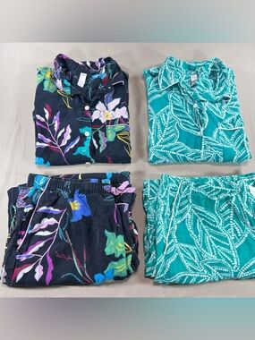 Stars Above Women’s L Pajama Set Bundle (2 Sets) Floral & Teal Dotted Leaf Print